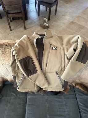 First Lite Men's Tan Performance Softshell Jacket with Dark Contrast Panels
